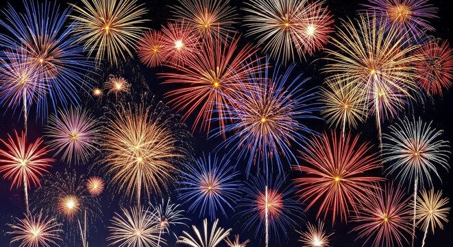 Spectacular Fireworks Display in the Night Sky With Vibrant Red Blue Purple Yellow Explosions