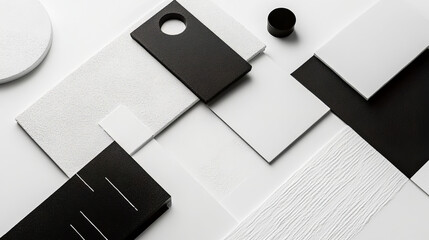 A minimalist black and white room with a frame hanging in the middle of the wall