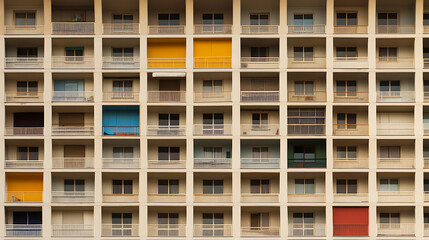 Facade of a tall building with repeating patterns of balconies. Some have colorful screens, creating a geometric and architectural urban landscape, a wall of windows & structures.