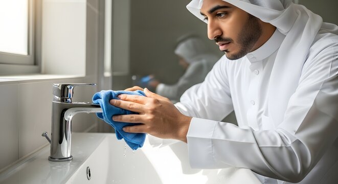 A man wearing traditional Middle Eastern attire cleaning a modern bathroom sink with a blue cloth to maintain hygiene and cleanliness