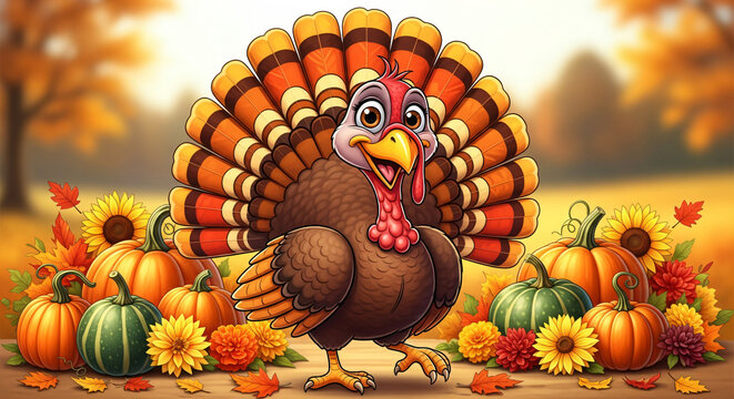 Happy thanksgiving day with a turkey and fall decoration. Generative AI