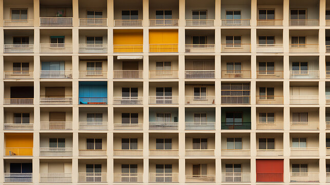 Facade of a tall building with repeating patterns of balconies. Some have colorful screens, creating a geometric and architectural urban landscape, a wall of windows & structures.