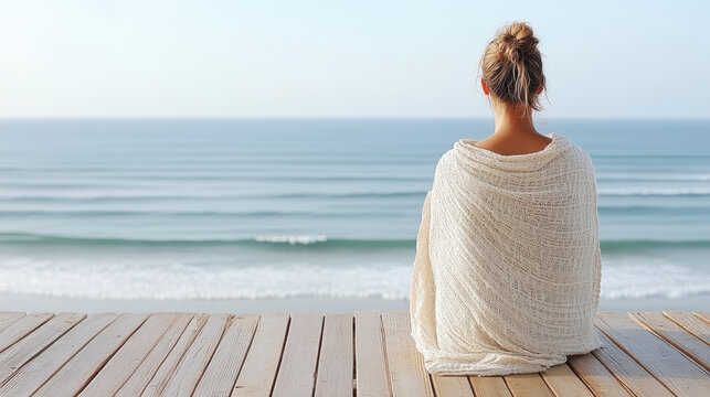 Serene ocean morning, woman wrapped in shawl, calm waves, peaceful mood - Powered by Adobe