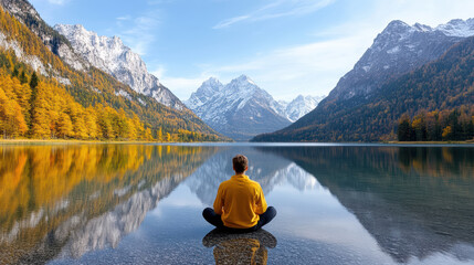 Person in yellow jacket meditating beside mountain lake with autumn forest reflection