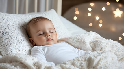 Sleeping baby on soft white blanket with warm bokeh lights