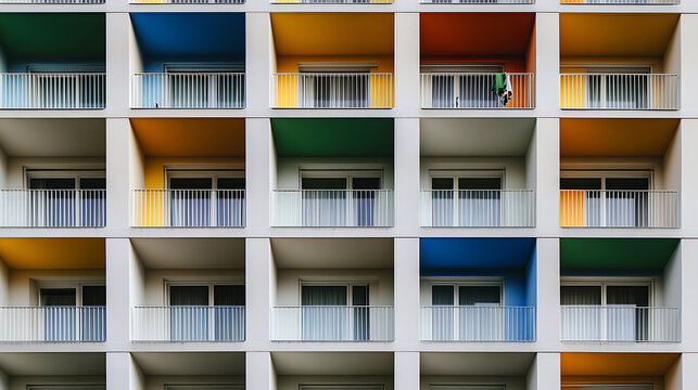 Facade of a building featuring colorful balconies. Geometric architecture with a repeating pattern, highlighted by diverse hues and the stark white railings.