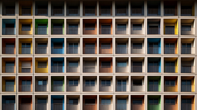 Facade of a building with colorful balconies creating a repeating grid pattern. The varied hues add a playful, modern touch to the architectural design, symmetry visible.