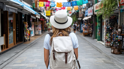 Fototapeta premium Young woman wearing hat and backpack walking down colorful market street