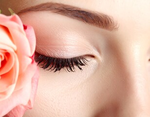 Close up of a closed eye with defined lashes next to a pink rose blossom