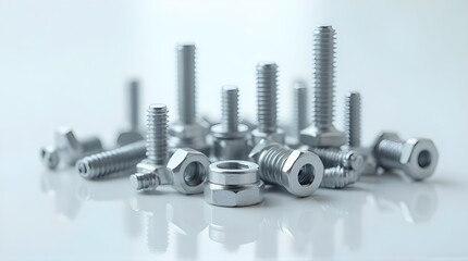 Selective focus macro shot of various industrial bolts, nuts, and mechanical hardware