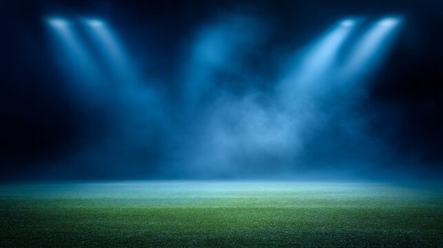 Under a dark sky, bright lights shine down on a green grass field of a sports stadium, setting the scene for an unforgettable night of competition and excitement