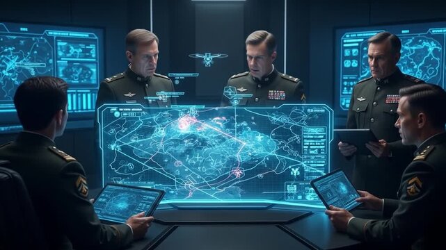 Futuristic Military Strategy Meeting: Digital Map and Commanders Analyzing a Complex Plan