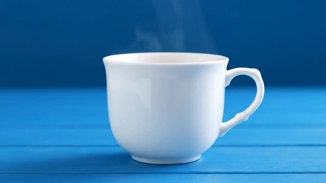Steaming white mug on a blue wood surface with a matching backdrop
