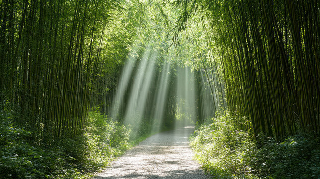 Bamboo trail sunbeam forest path green foliage serene sunlight filtering bamboo grove