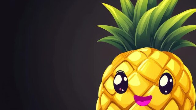 A cheerful cartoon pineapple with a wide smile and big eyes stands out with its bright yellow body and green leaves. The playful expression adds a whimsical touch.