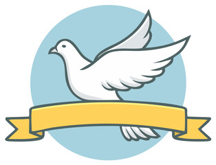 Obraz premium Stylized white dove with outstretched wings carries a blank yellow ribbon across a sky blue circle
