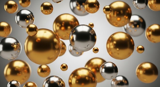 Abstract background with floating gold and silver spheres, representing luxury, wealth, and modern design
