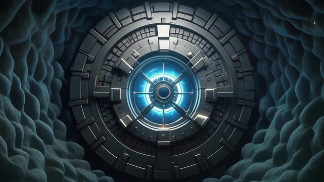 Conceptual energy vortex represented by a glowing futuristic gateway, a high-tech portal set within an abstract organic cavern