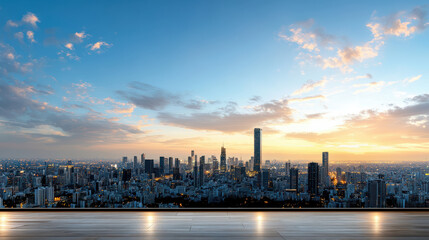 Fototapeta premium Panoramic city skyline sunset rooftop view vibrant sky and warm glow