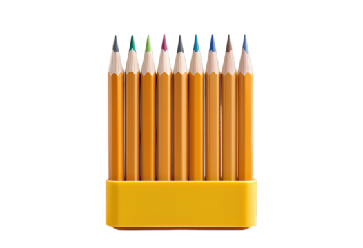 Colorful pencils arranged in yellow holder isolated on transparent background