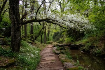Enchanting Forest Path with a Small Stone Bridge Over a Stream and White Wildflowers white flowers