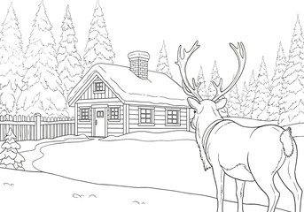 Reindeer by a Snowy Cabin in Winter Forest