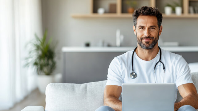 Male doctor with stethoscope using laptop for telemedicine consultation, relaxed expression