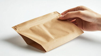 Close-up of a plain kraft paper bag held by a graceful woman
