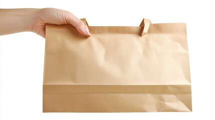 Close-up of a plain kraft paper bag held by a graceful woman
