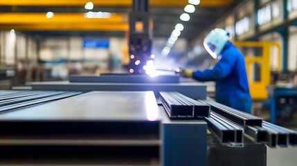 A welding operator is welding steel, showcasing the intricate process in a factory setting. Protective gear ensures safety during metal fabrication in a controlled environment.