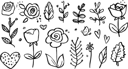Floral illustrations featuring various flowers and leaves in a vintage outline style. This set includes simple black and white vector illustrations.
