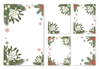 Festive corner designs featuring mistletoe, pine sprigs, and snowflakes, perfect for holiday greetings and winter celebrations