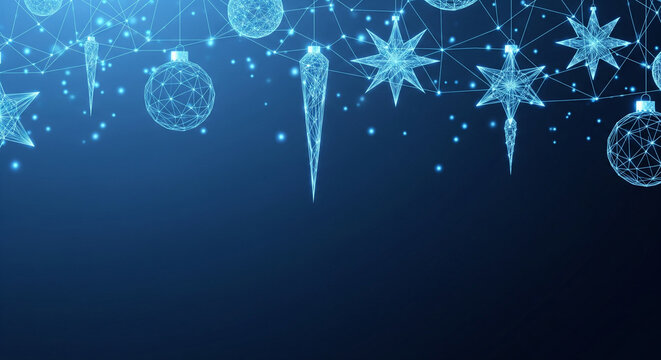 Minimal futuristic banner featuring low-poly mesh Christmas ornaments glowing in neon blue above a dark gradient. - Powered by Adobe