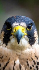 Naklejka premium Close up of a peregrine falcon head with striking eye contact
