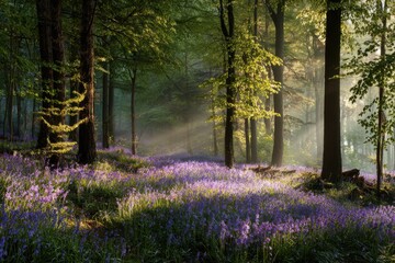 Sunbeams illuminate a forest floor carpeted with vibrant bluebells woods nature