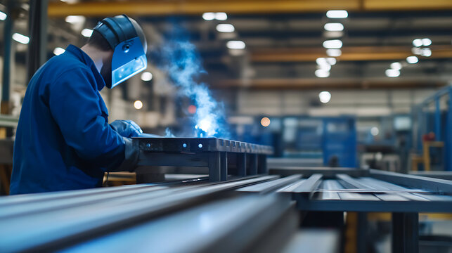 A welder working in a workshop, wearing protective gear and welding a metal structure, sparks flying. Focused on metal fabrication with attention to safety and precision.