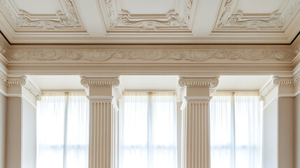 Obraz premium Sophisticated architectural interior featuring ornate ceiling details, stately columns, and a bright window, creating an elegant and classic ambiance. Refined design.