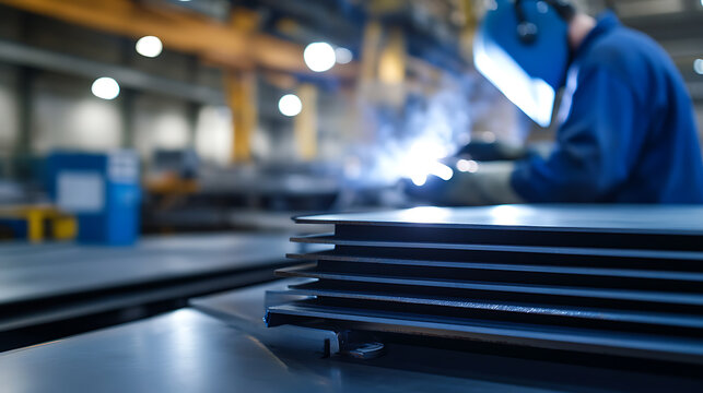A metalworker is welding metal sheets in a factory, sparks flying under the protective gear. The factory setup creates a scene of focused industrial activity, blurred background.