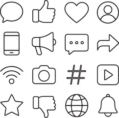 Vector monochrome line icon set about social media