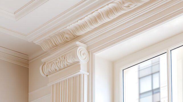 Architectural moulding on the wall and ceiling showing white plaster with decorative details. The style gives a sense of elegance and sophistication to the interior space.
