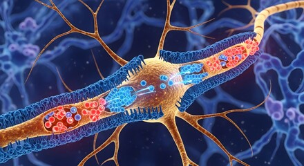 Highly detailed digital illustration of a neuron with dendrites, axon, and synaptic connections in a vibrant scientific style