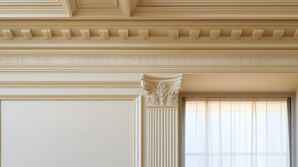 Obraz premium A stunning interior showcases intricate architectural details, with ornate crown molding and a fluted column, harmonizing classic design with a bright ambiance.