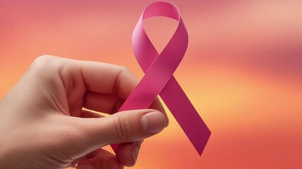 Breast cancer awareness day. human hand holding pink ribbon against pink backgroundhuman hand. - Powered by Adobe
