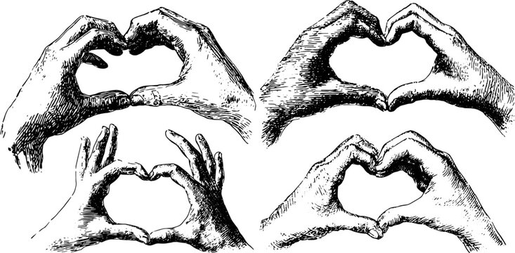 Illustration of hands forming a heart shape. Vintage vector artwork emphasizing connection in a classic style.