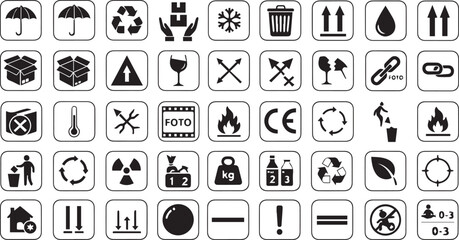 Collection of logistics symbols, packaging handling icons, and international warning signs vector set