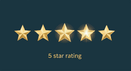Premium five golden stars rating icon and 5 star rating text on dark background
