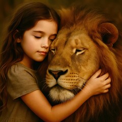 A girl is hugging a lion