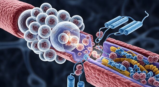 Detailed digital illustration of a biological process involving cellular components and molecular structures within a biological membrane environment