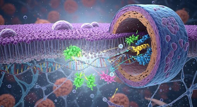 A detailed illustration of a biological cell with DNA, proteins, and other cellular components in a vibrant, colorful environment