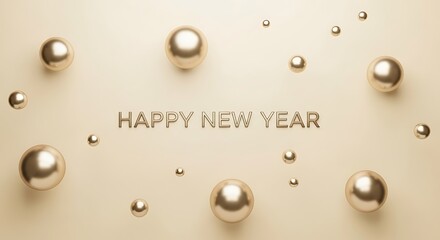 Happy new year text with golden spheres and small dots on a soft beige background, elegant celebration concept